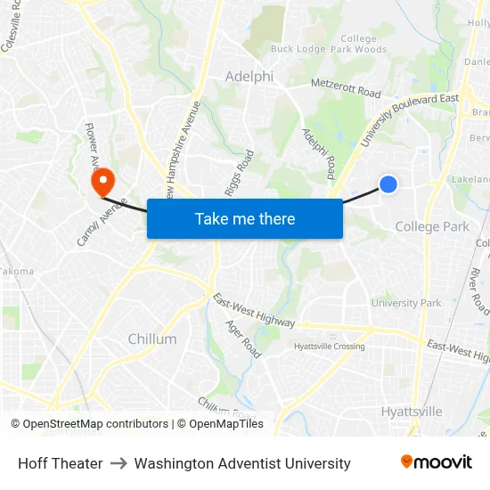 Hoff Theater to Washington Adventist University map