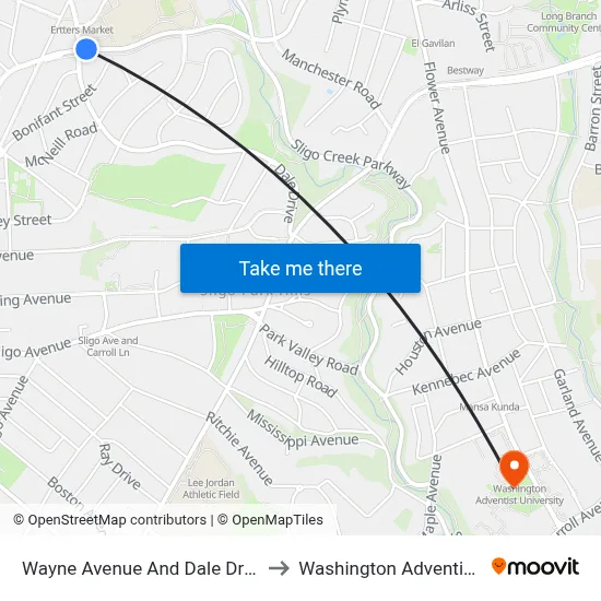 Wayne Avenue And Dale Drive (Outbound) to Washington Adventist University map