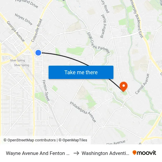 Wayne Avenue And Fenton Street (Inbound) to Washington Adventist University map