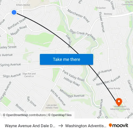 Wayne Avenue And Dale Drive (Inbound) to Washington Adventist University map