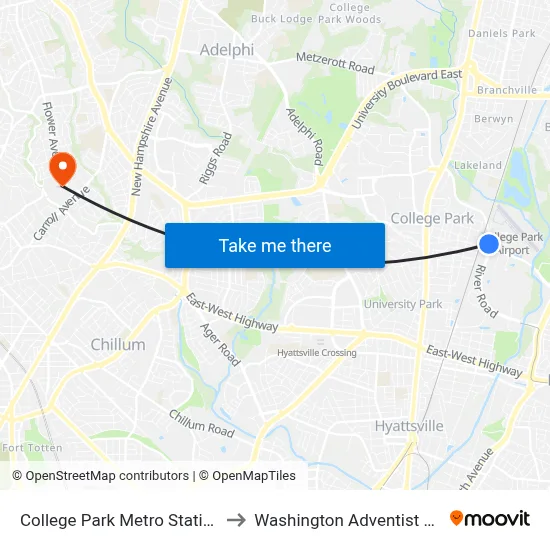 College Park Metro Station - Bay D to Washington Adventist University map
