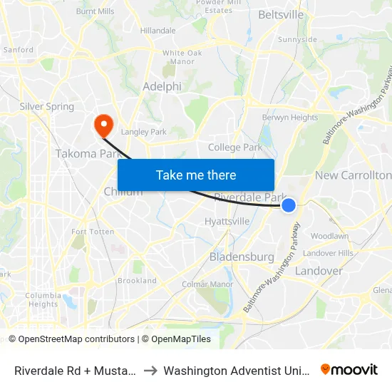 Riverdale Rd + Mustang Dr to Washington Adventist University map