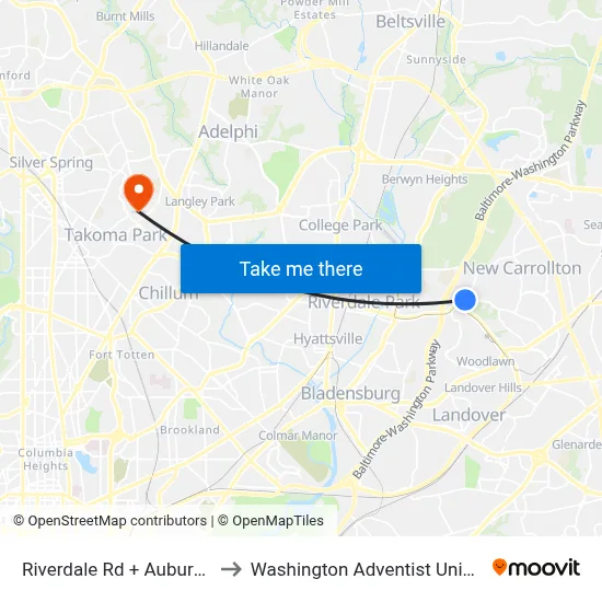Riverdale Rd + Auburn Ave to Washington Adventist University map