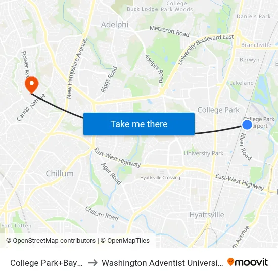 College Park+Bay B to Washington Adventist University map