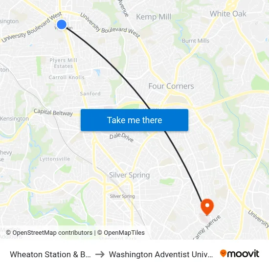 Wheaton Station & Bay F to Washington Adventist University map