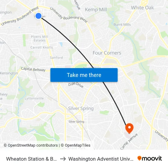 Wheaton Station & Bay N to Washington Adventist University map