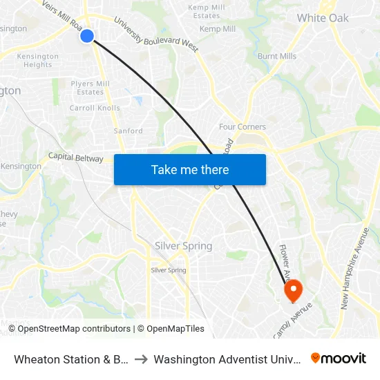Wheaton Station & Bay L to Washington Adventist University map