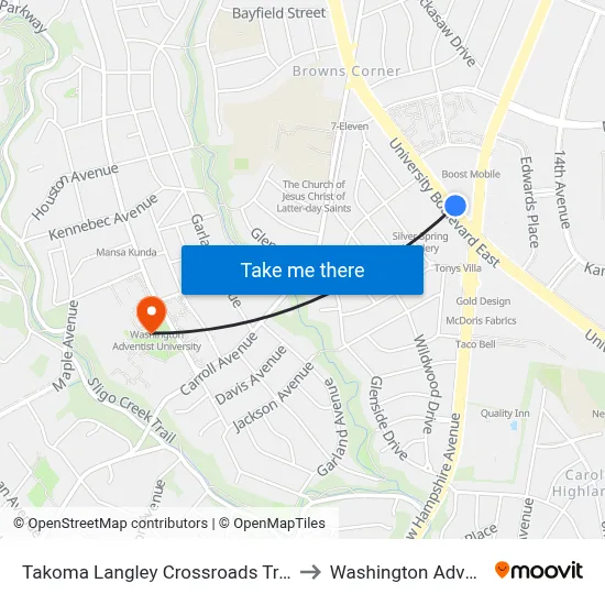 Takoma Langley Crossroads Transit Center + Bus Bay A to Washington Adventist University map
