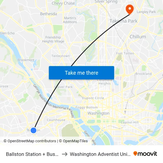 Ballston Station + Bus Bay C to Washington Adventist University map