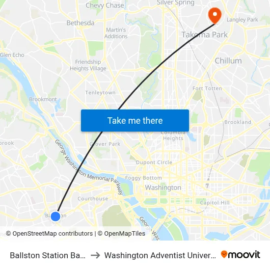 Ballston Station Bay A to Washington Adventist University map