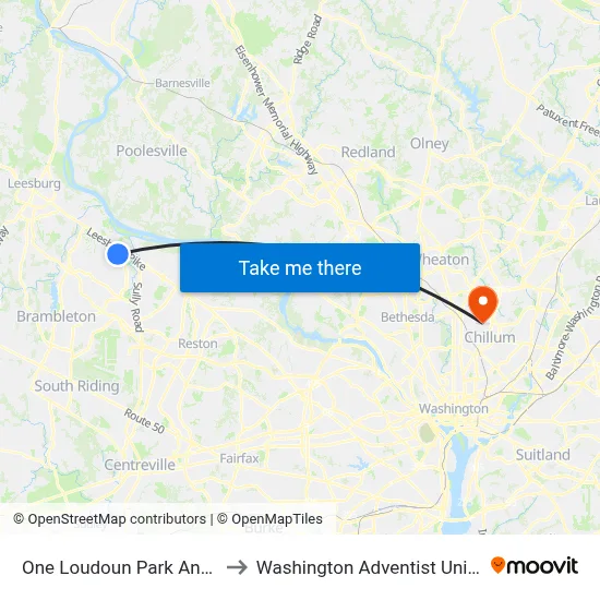 One Loudoun Park And Ride to Washington Adventist University map