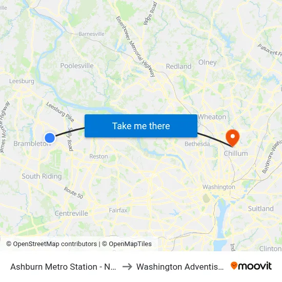 Ashburn Metro Station - North Bus Bay to Washington Adventist University map