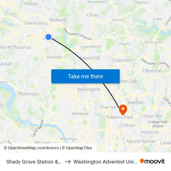 Shady Grove Station & Bay K to Washington Adventist University map