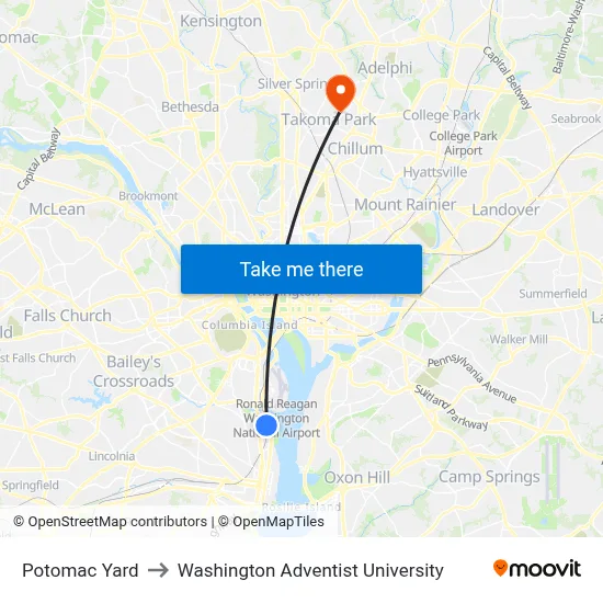 Potomac Yard to Washington Adventist University map