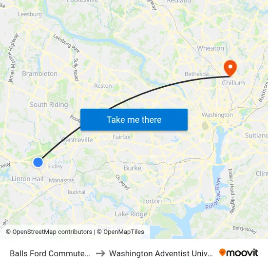 Balls Ford Commuter Lot to Washington Adventist University map