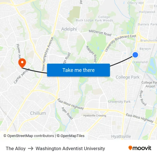The Alloy to Washington Adventist University map