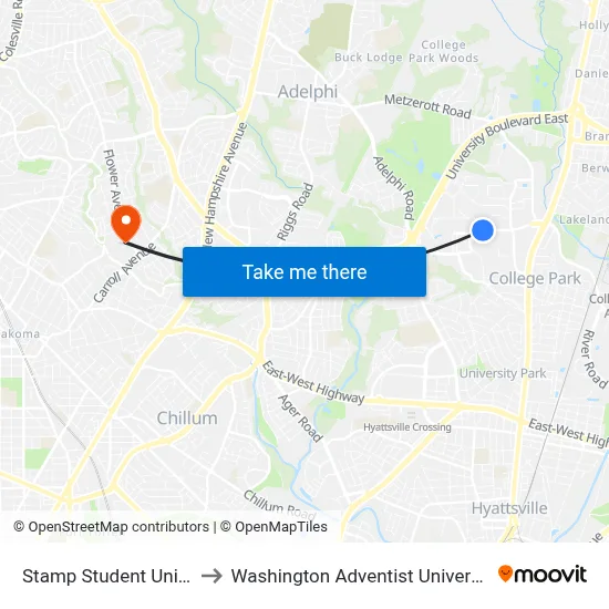 Stamp Student Union to Washington Adventist University map