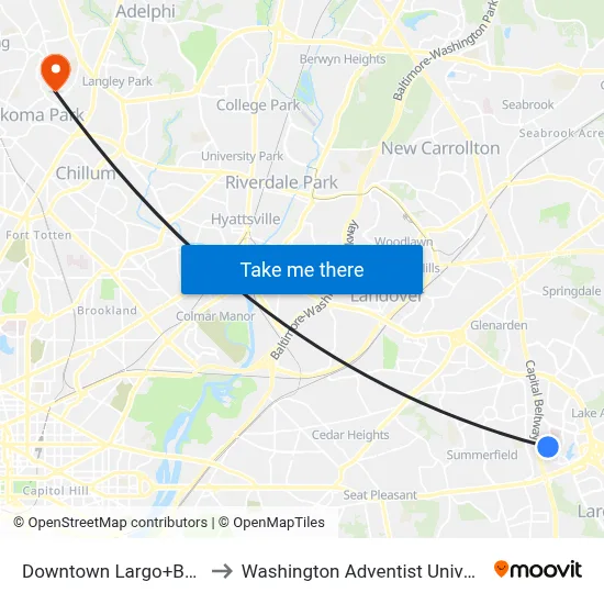 Downtown Largo+Bay A to Washington Adventist University map