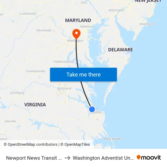 Newport News Transit Center to Washington Adventist University map