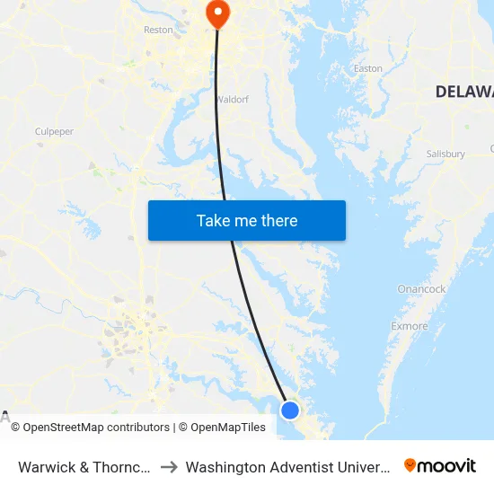 Warwick & Thorncliff to Washington Adventist University map