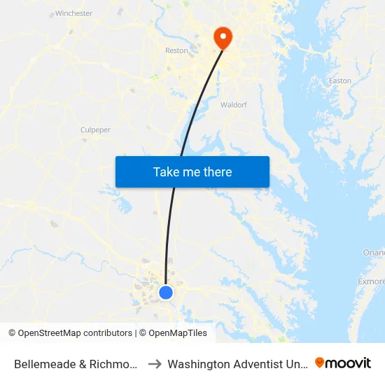 Bellemeade & Richmond Hwy to Washington Adventist University map