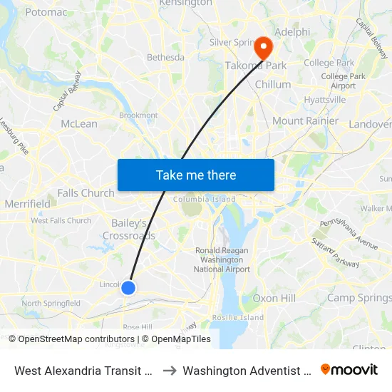 West Alexandria Transit Ctr (Bay A) to Washington Adventist University map