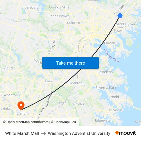 White Marsh Mall to Washington Adventist University map