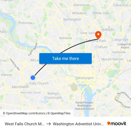 West Falls Church Metro to Washington Adventist University map
