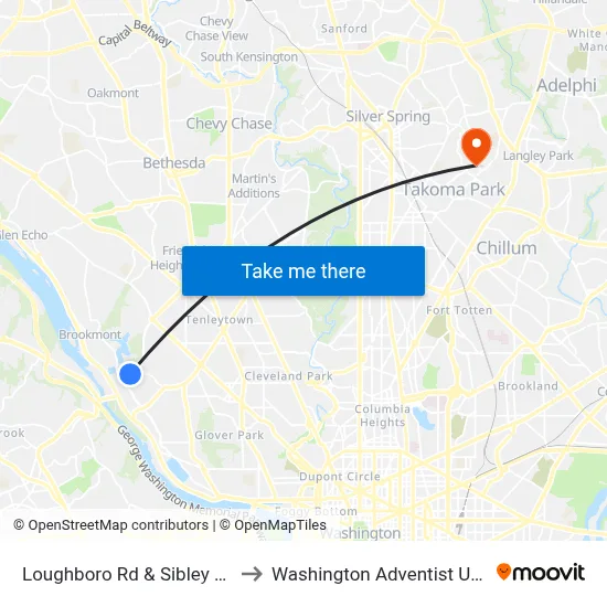 Loughboro Rd & Sibley Hospital to Washington Adventist University map