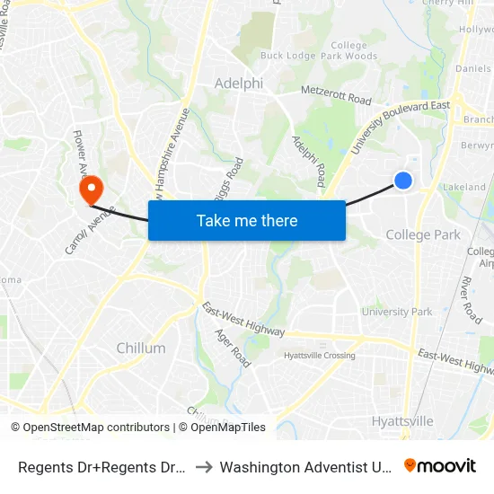 Regents Dr+Regents Dr Garage to Washington Adventist University map