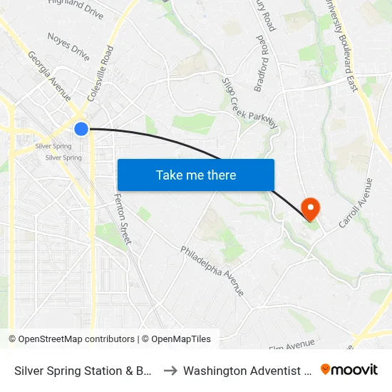 Silver Spring Station & Bus Bay E&F to Washington Adventist University map