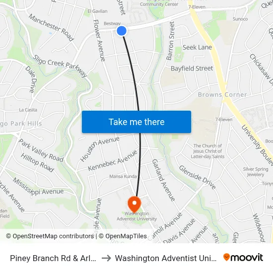 Piney Branch Rd & Arliss St to Washington Adventist University map