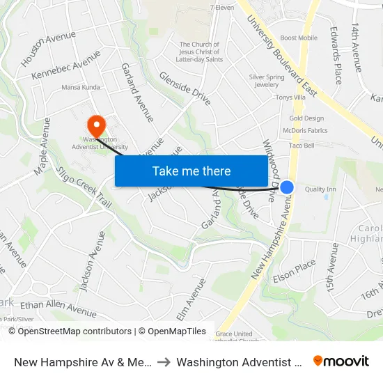 New Hampshire Av & Merwood Dr to Washington Adventist University map