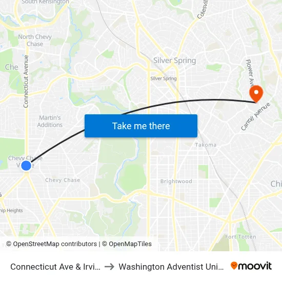 Connecticut Ave & Irving St to Washington Adventist University map