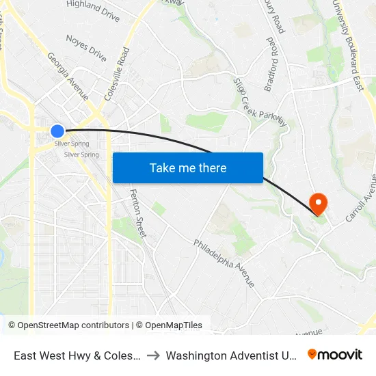 East West Hwy & Colesville Rd to Washington Adventist University map