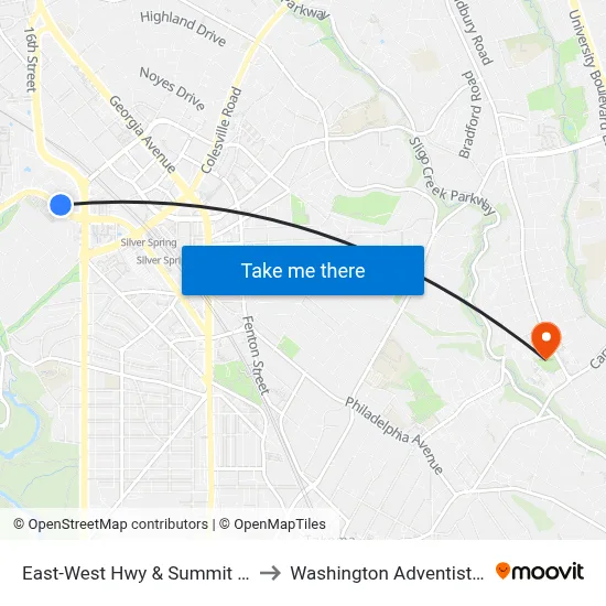 East-West Hwy & Summit Hills Apt #1 to Washington Adventist University map