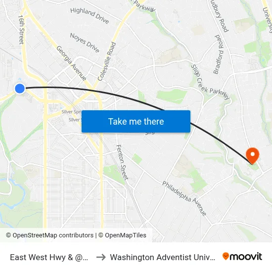 East West Hwy & @1703 to Washington Adventist University map