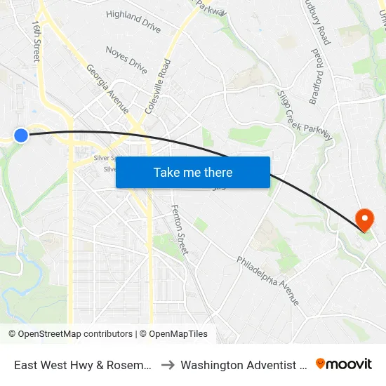 East West Hwy & Rosemary Hills Dr to Washington Adventist University map