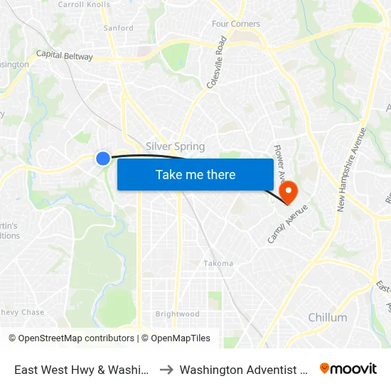 East West Hwy & Washington Ave to Washington Adventist University map