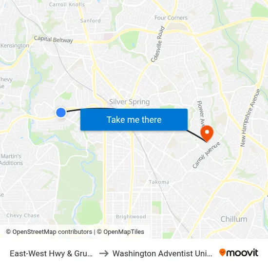 East-West Hwy & Grubb Rd to Washington Adventist University map