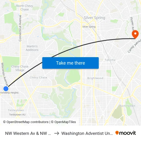 NW Western Av & NW 44th St to Washington Adventist University map