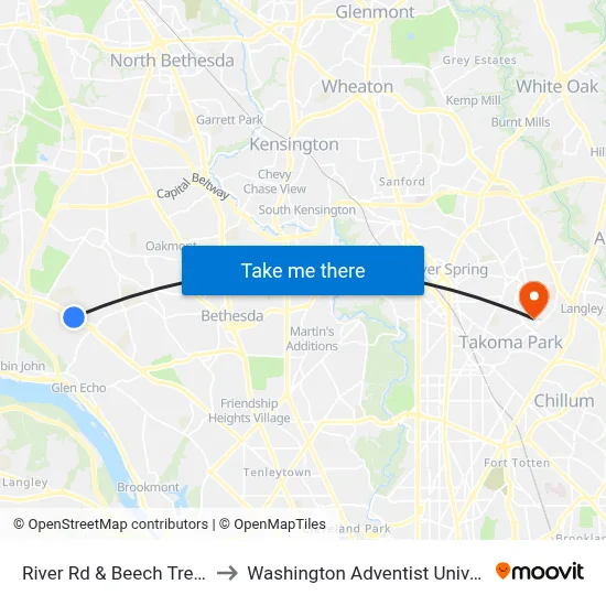 River Rd & Beech Tree Rd to Washington Adventist University map