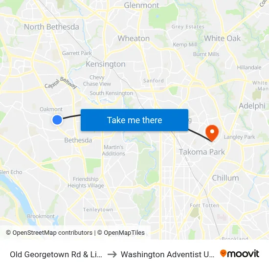 Old Georgetown Rd & Lincoln St to Washington Adventist University map