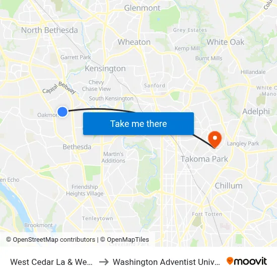 West Cedar La & West Dr to Washington Adventist University map