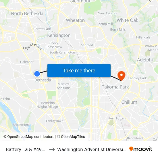 Battery La & #4977 to Washington Adventist University map