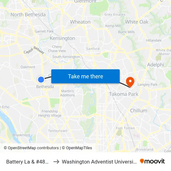 Battery La & #4887 to Washington Adventist University map