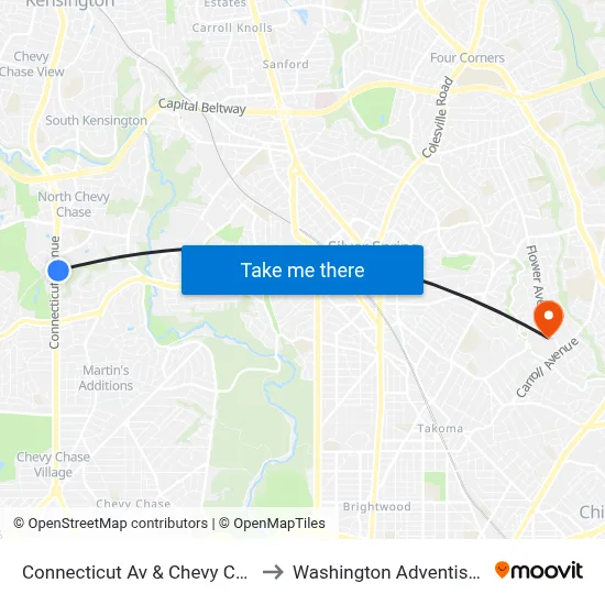 Connecticut Av & Chevy Chase Lake Dr to Washington Adventist University map