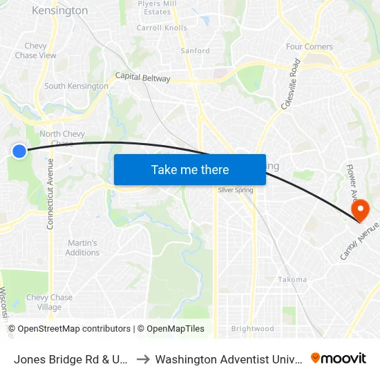 Jones Bridge Rd & Usuhs to Washington Adventist University map