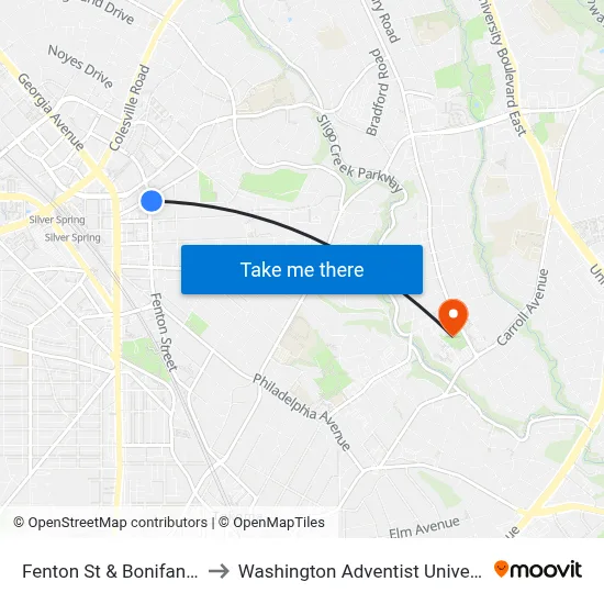 Fenton St & Bonifant St to Washington Adventist University map