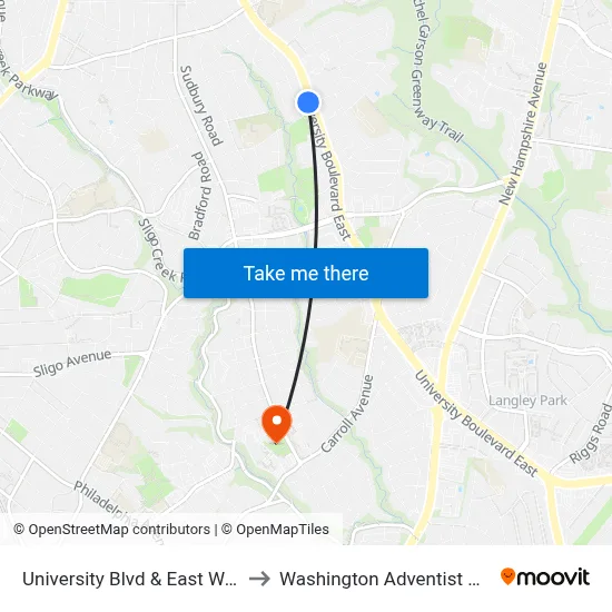 University Blvd & East Wayne Ave to Washington Adventist University map